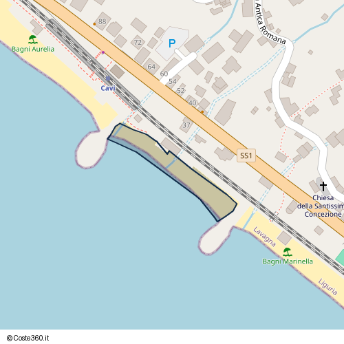 Posizione della spiaggia Spiaggia nei pressi di Via Aurelia 37, Cavi, Lavagna, 16033