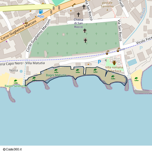 Posizione della spiaggia Spiaggia nei pressi di Galleria Capo Nero - Villa Matutia, Coldirodi, Sanremo, 18014