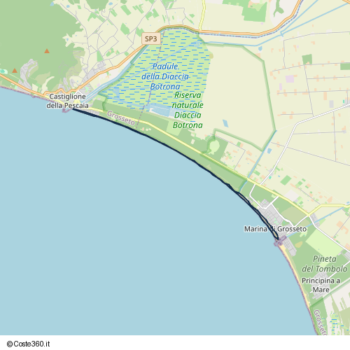 Posizione della spiaggia Spiaggia nei pressi di Strada Provinciale 158 delle Collacchie, Grosseto, 58046
