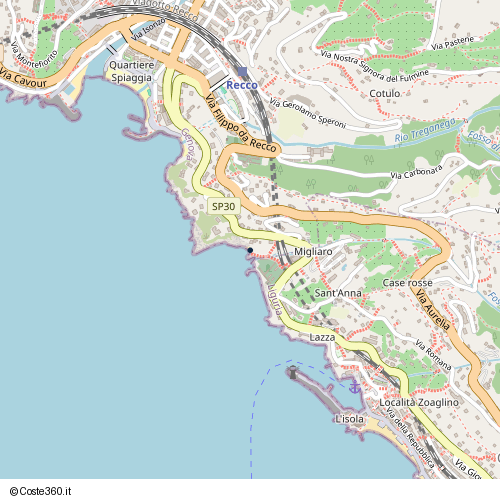 Posizione della spiaggia Spiaggia nei pressi di Via Romagneno 52, Mulinetti, Recco, 16082