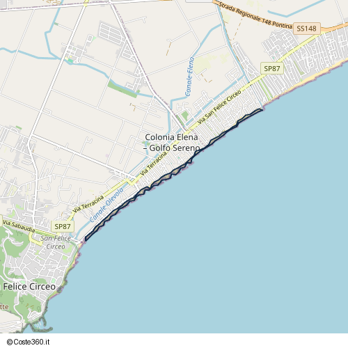 Posizione della spiaggia Spiaggia nei pressi di Consorzio Goldo Verde, Colonia Elena - Golfo Sereno, San Felice Circeo, 04017