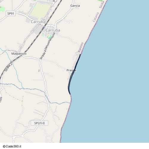 Posizione della spiaggia Spiaggia nei pressi di Strada 6 di Praiola, Riposto, 95018