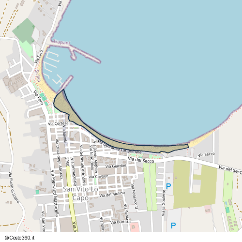Posizione della spiaggia Spiaggia nei pressi di Via Litoranea Lungomare, San Vito Lo Capo, 91030