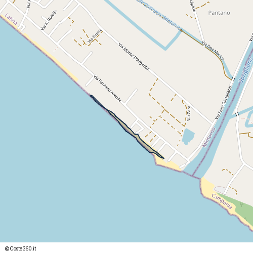 Posizione della spiaggia Spiaggia nei pressi di Via P. Merola, Minturno, 04026