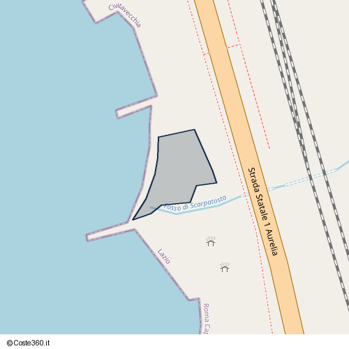 Posizione della spiaggia Spiaggia nei pressi di Strada Statale 1 Aurelia, Borgo Odescalchi, Civitavecchia, 00053