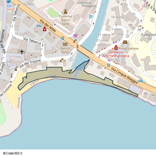 Posizione della spiaggia Spiaggia nei pressi di Via del Tritone 1a rosso, Levante, Genova, 16147