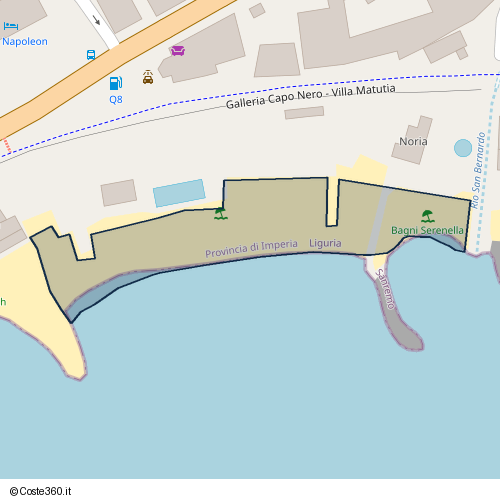 Posizione della spiaggia Spiaggia nei pressi di Galleria Capo Nero - Villa Matutia, Coldirodi, Sanremo, 18014