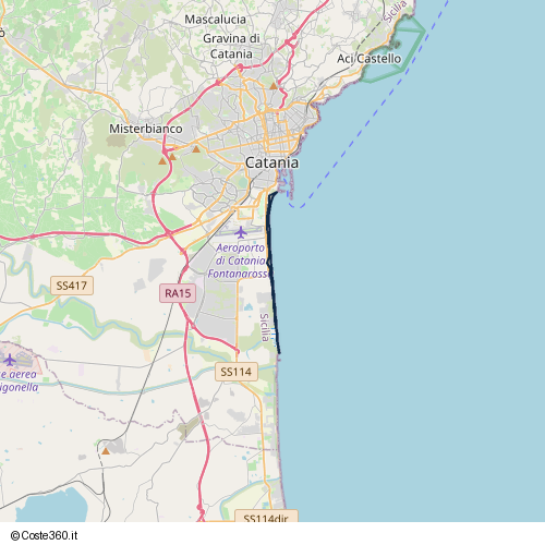 Posizione della spiaggia Spiaggia nei pressi di Viale Presidente Kennedy, San Giorgio-Librino-San Giuseppe la Rena-Zia Lisa-Villaggio Sant'Agata, Catania, 95121