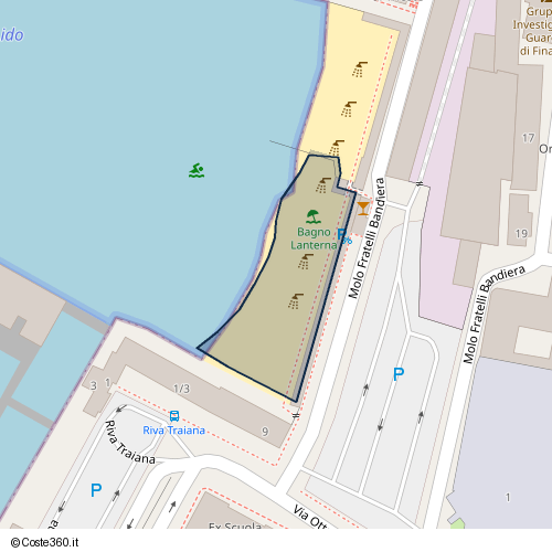 Posizione della spiaggia Spiaggia nei pressi di Molo Fratelli Bandiera, Campo Marzio, Trieste, 34123