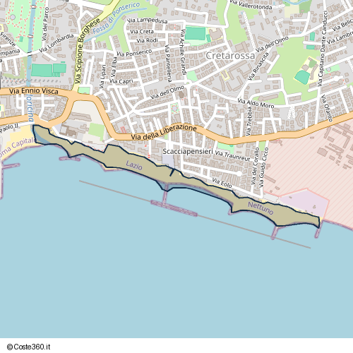 Posizione della spiaggia Spiaggia nei pressi di Piazzale dello Sport, Cretarossa, Nettuno, 00048