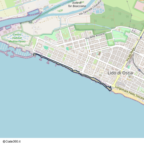 Posizione della spiaggia Spiaggia nei pressi di Ciclabile Lungomare di Ostia, Municipio Roma X, Roma, 00121