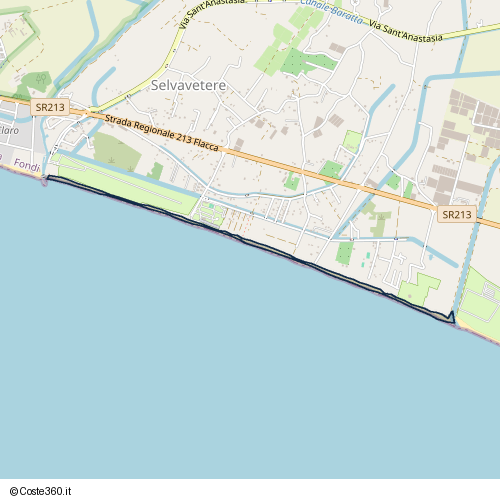 Posizione della spiaggia Spiaggia nei pressi di Via del Pettirosso, Selvavetere, Fondi