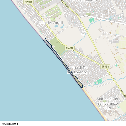 Posizione della spiaggia Spiaggia nei pressi di Lungomare dei Troiani, Marina di Tor San Lorenzo, Ardea, 00040