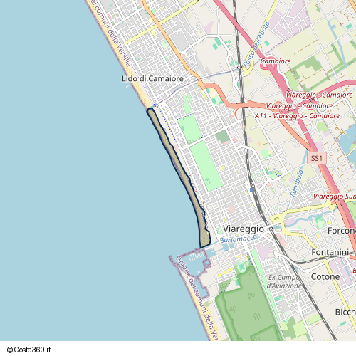 Posizione della spiaggia Spiaggia nei pressi di Via Giuseppe Barellai, Viareggio, 55043