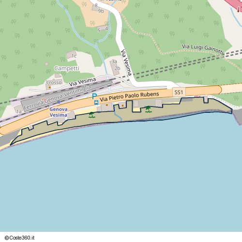 Posizione della spiaggia Spiaggia nei pressi di Via Pietro Paolo Rubens, Ponente, Genova, 16158