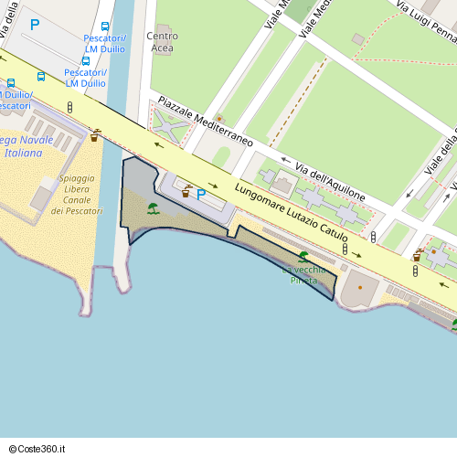 Posizione della spiaggia Spiaggia nei pressi di Belvedere Giovanni Carosio, Lido di Castel Fusano, Roma, 00122