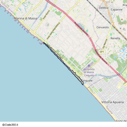 Posizione della spiaggia Spiaggia nei pressi di Viale Amerigo Vespucci 184, Massa, 54038
