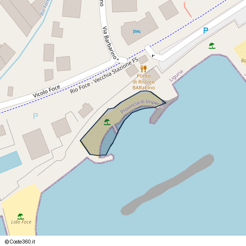 Posizione della spiaggia Spiaggia nei pressi di Rio Foce - Vecchia Stazione FS, Sanremo, 18038