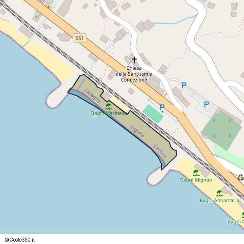 Posizione della spiaggia Spiaggia nei pressi di SS1, Cavi, Lavagna, 16033