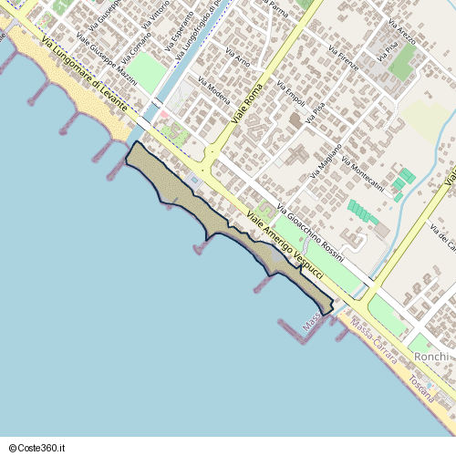 Posizione della spiaggia Spiaggia nei pressi di Viale Amerigo Vespucci, Marina di Massa, Massa, 54100