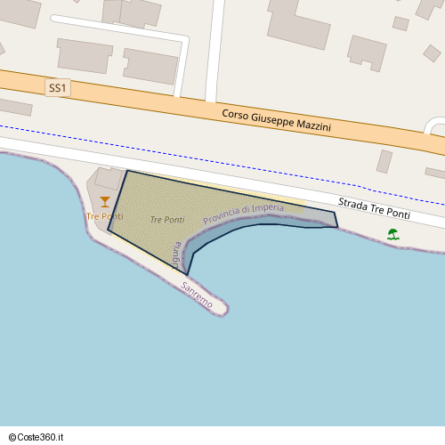 Posizione della spiaggia Spiaggia nei pressi di Strada Tre Ponti, Sanremo, 18038