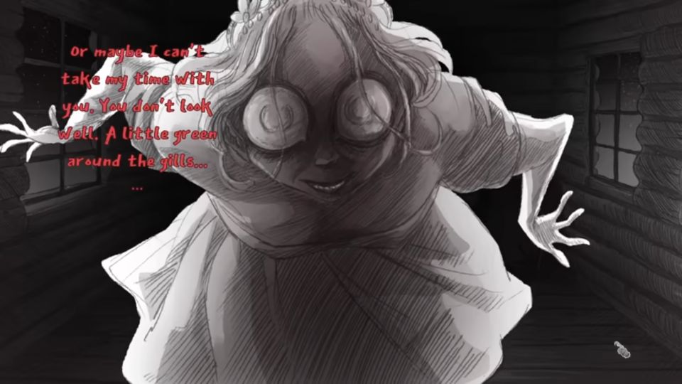 creepy ghost stares at you with big eyes red text dialog
