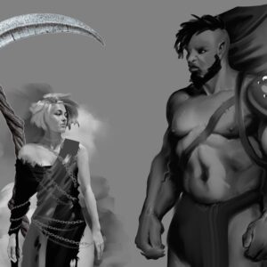 concept art black and white big bearded man and small woman with scythe