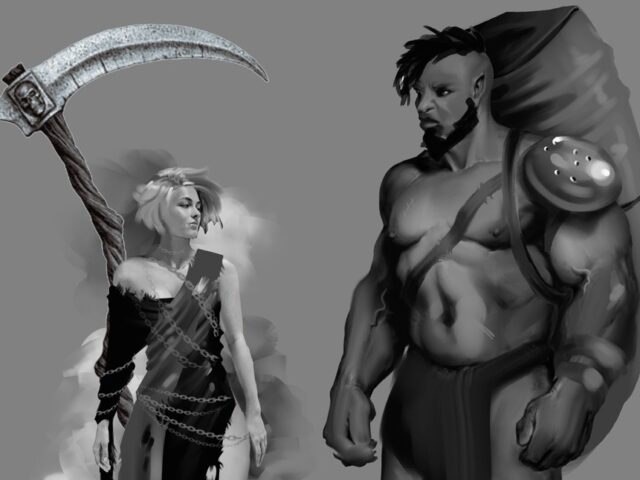 concept art black and white big bearded man and small woman with scythe