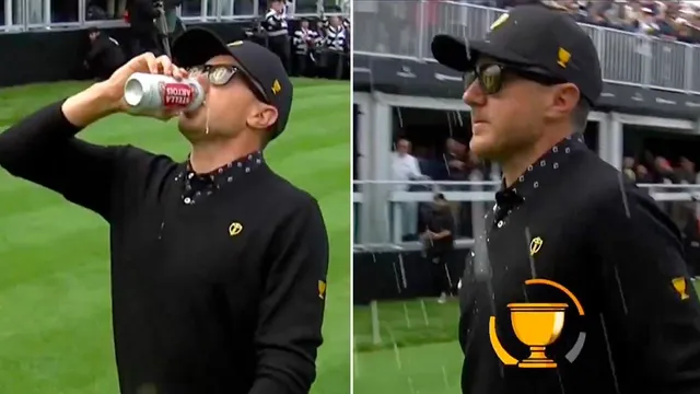 Mackenzie Hughes chugs beer at Presidents Cup in Montreal