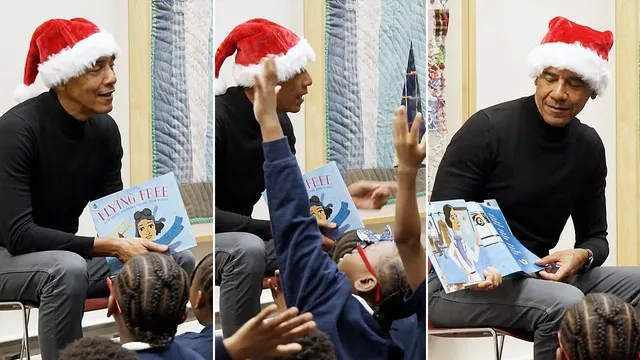 Barack Obama surprises children with Santa hat storytime in Chicago