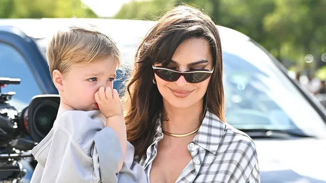 Emily Ratajkowski attends Loewe show with son during Paris Fashion Week