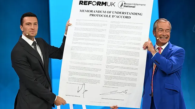 Bardella and Farage sign controversial migrant return deal at Reform conference