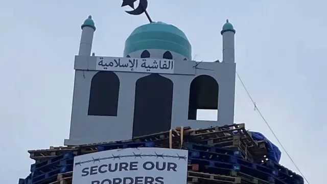 Man arrested after mosque replica burned on loyalist bonfire
