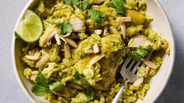 Cilantro-forward seasoning transforms lime chicken and rice dish