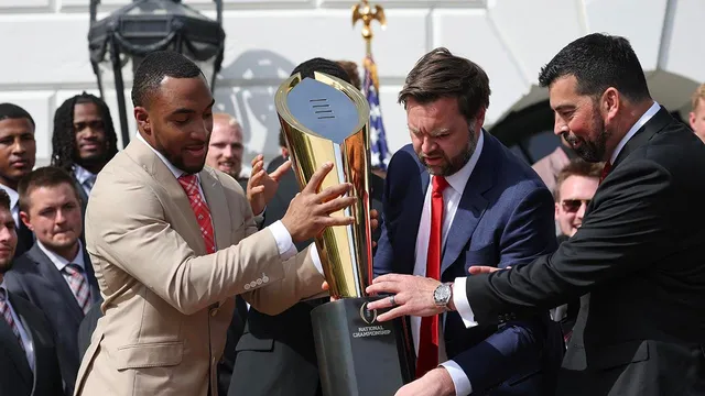 JD Vance drops Ohio State championship trophy at White House event