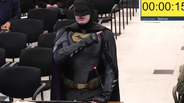Batman confronts Santa Clara officials about ICE presence at Super Bowl