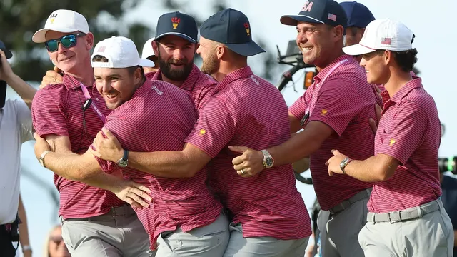 President Donald Trump inspires USA team at the Presidents Cup golf tournament in Illinois