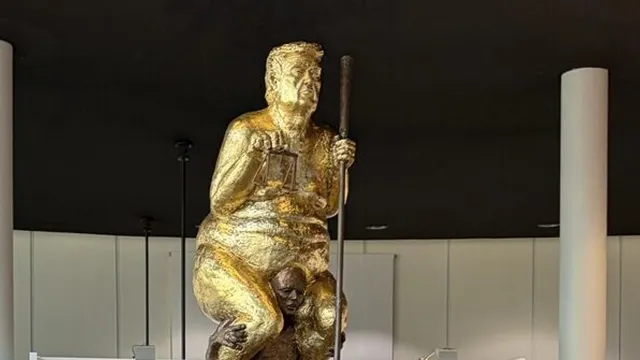Danish artist Jens Galschiot displays gold statue of Donald Trump naked at European Parliament in Strasbourg, France