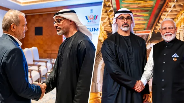 Abu Dhabi Crown Prince Khaled bin Mohamed bin Zayed meets Iranian and Indian leaders at Brics Summit in New Delhi