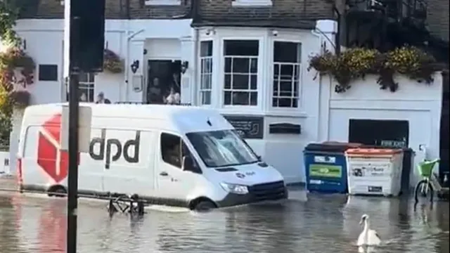 DPD driver braves floodwaters in Richmond to deliver packages