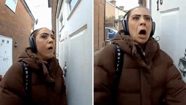 Woman captures hilarious reaction to giant spider outside her door