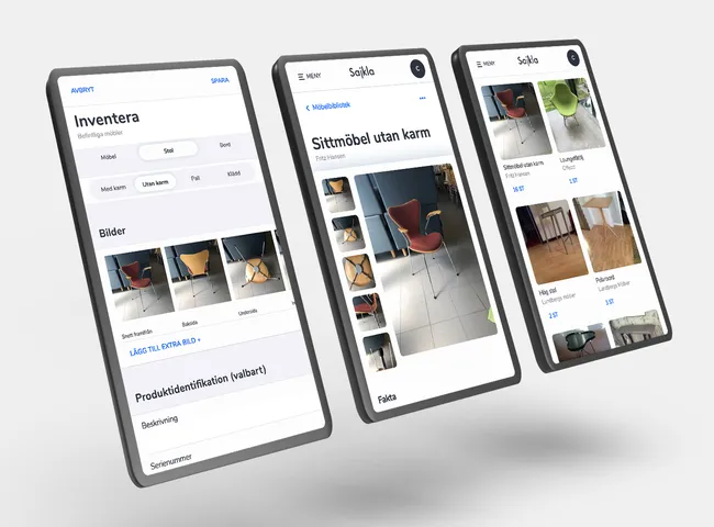 Sajkla inventera möbelbiblotek i tre mobilvyer