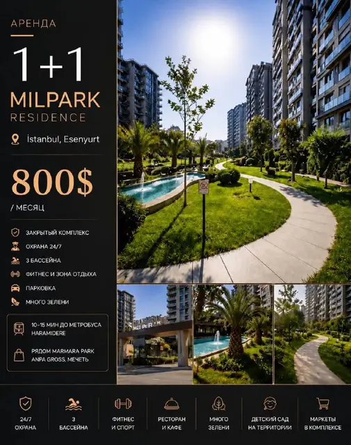 1+1 в ЖК MILPARK — Стамбул — 800 $