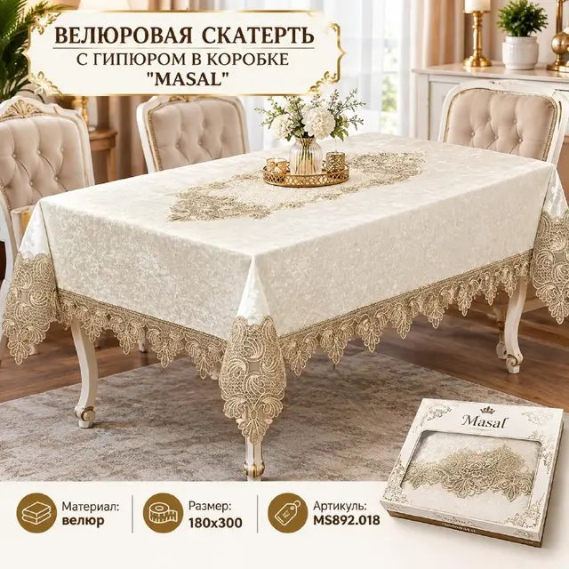 ВЕЛЮРОВАЯ СКАТЕРТЬ С ГИПЮРОМ В КОРОБКЕ ''MASAL'' — Istanbul — 34 $