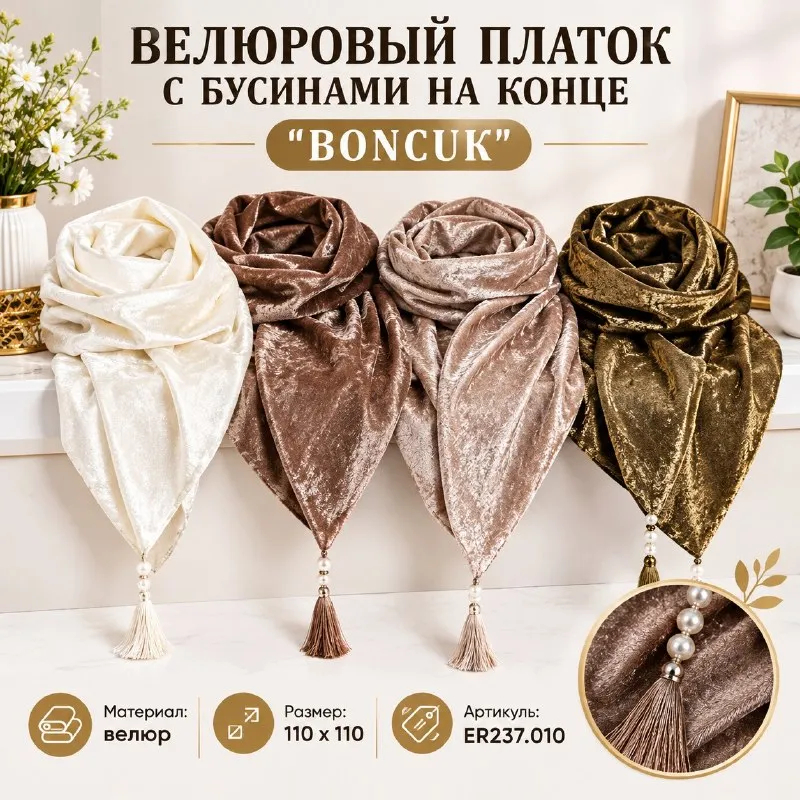 ВЕЛЮРОВЫЙ ПЛАТОК С БУСИНАМИ НА КОНЦЕ ''BONCUK''