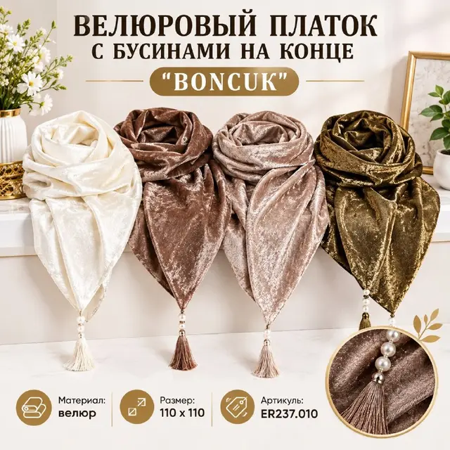 ВЕЛЮРОВЫЙ ПЛАТОК С БУСИНАМИ НА КОНЦЕ ''BONCUK'' — Istanbul — 5 $