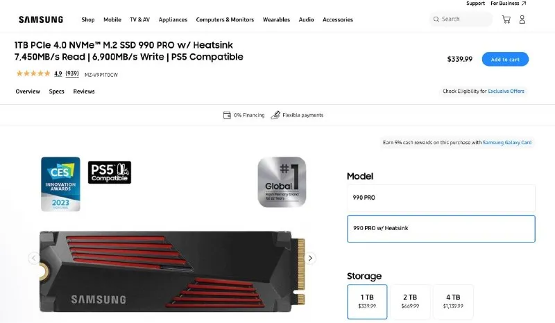 Samsung 990 Pro 1TB with Heatsink