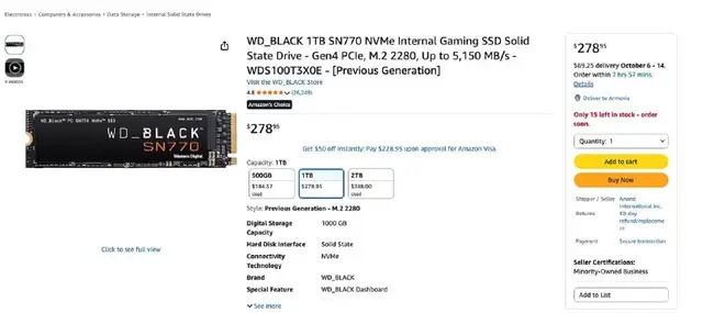 WD_BLACK 1TB SN770 NVMe Internal Gaming SSD — Ереван — 79 000 ֏