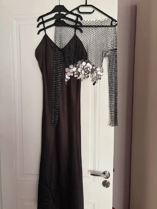 Черное платье-комбинация + сетка с пайетками
